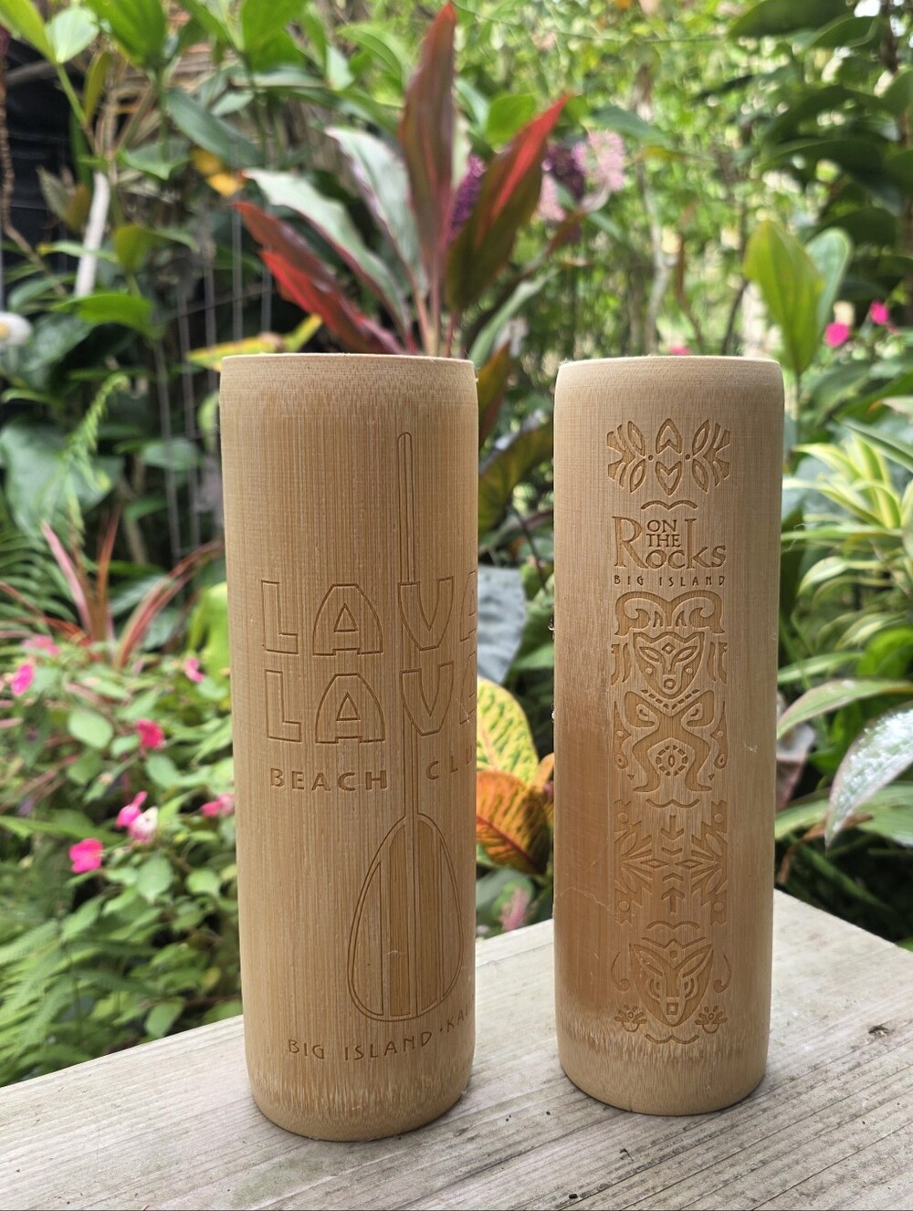 (2) 10" Tiki Cocktail Cups -Lava Lava Beach Club & On The Rocks Hawaii - Bamboo
